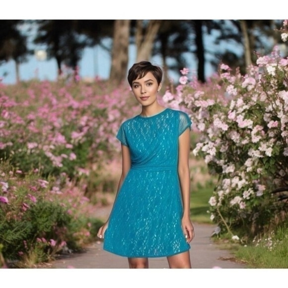 Jessica Simpson Women's Turquoise Lace Cocktail Dress 8 V-Back Fit Flare NWT